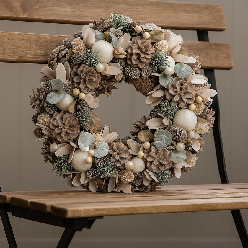 Coroniță de Crăciun cu conuri de brad și globuri albe așezată pe o bancă de lemn