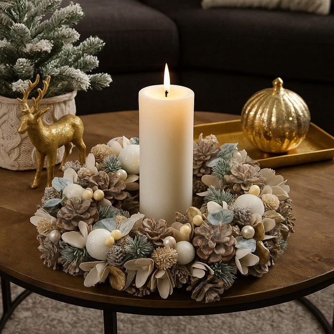 Coroniță de Crăciun cu conuri de brad și globuri albe așezată pe o masa rotundă, de lemn, decorată de Crăciun