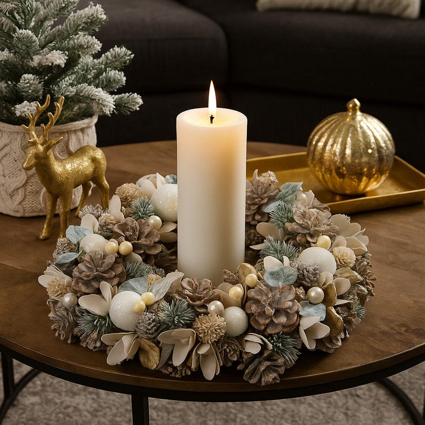 Coroniță de Crăciun cu conuri de brad și globuri albe așezată pe o masa rotundă, de lemn, decorată de Crăciun