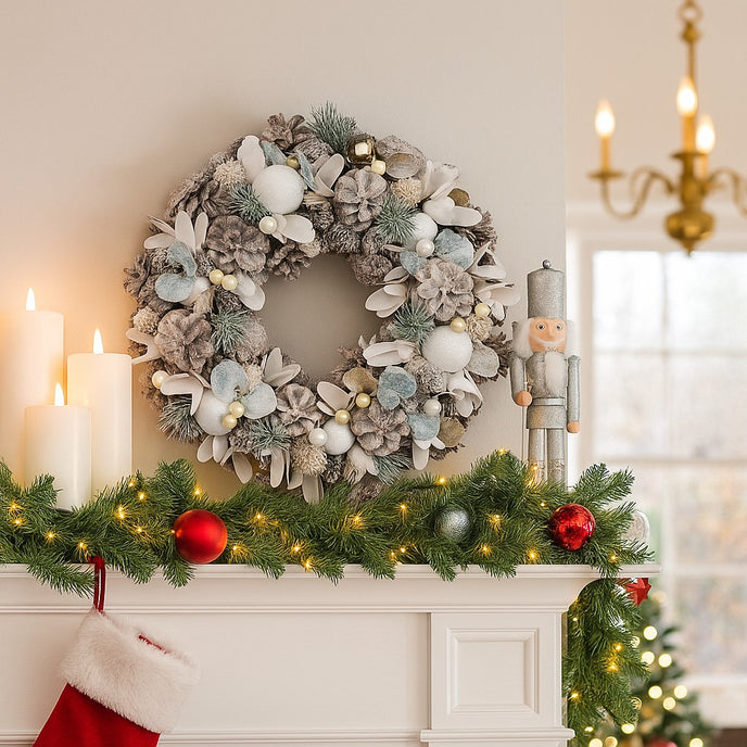 Coroniță de Crăciun cu conuri de brad și globuri albe agățată pe n erete, deasupra unui șemineu alb, decorat de Crăciun