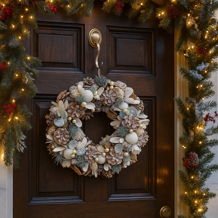 Coroniță de Crăciun cu conuri de brad și globuri albe agățată pe o ușă maro, de intrare, decorată de Crăciun