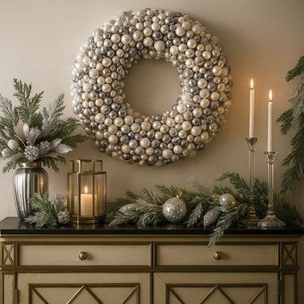 Coroniță de Crăciun cu globuri argintii și albe, agățată pe un perete alb, deasupra unui bufet luxos, decorat de Crăciun