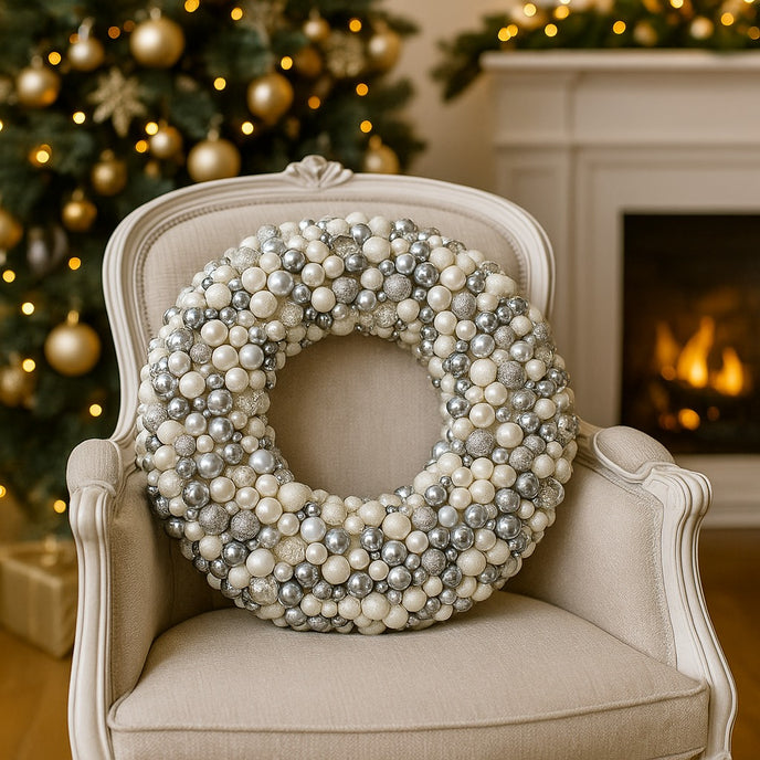 Coroniță de Crăciun cu globuri argintii și albe, așezată pe  un scaun luxos, din lemn si textil, în fața unui șemineu