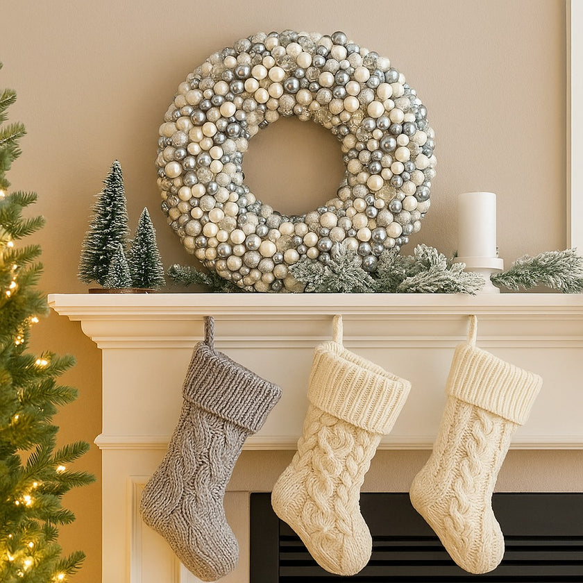 Coroniță de Crăciun cu globuri argintii și albe, așezată pe o manta de șemineu alb, decorat de Crăciun 