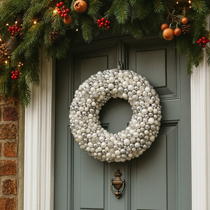 Coroniță de Crăciun cu globuri argintii și albe, agățată pe o ușă de intrare, din lemn vopsit gri, decorată de Crăciun