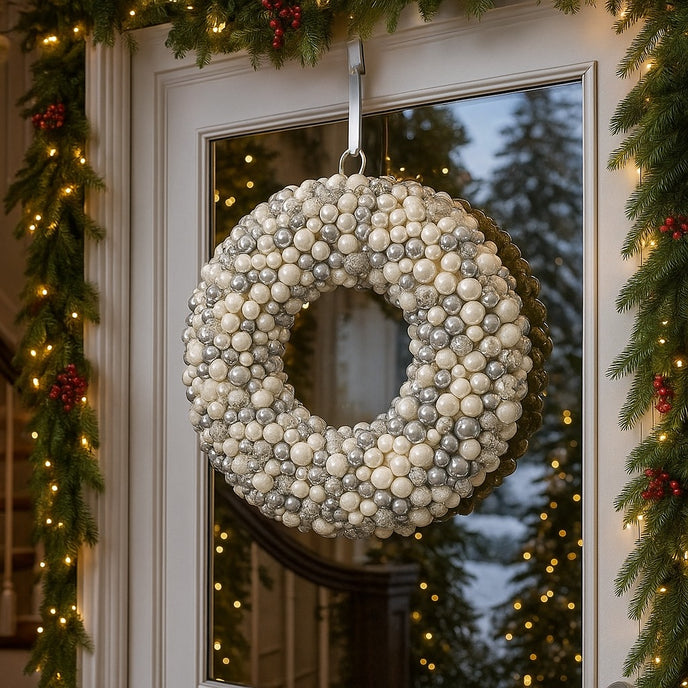 Coroniță de Crăciun cu globuri argintii și albe, agățată pe o ușă de intrare, din lemn alb și sticlă, decorată de Crăciun 