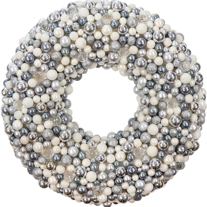 Coroniță de Crăciun cu globuri argintii și albe