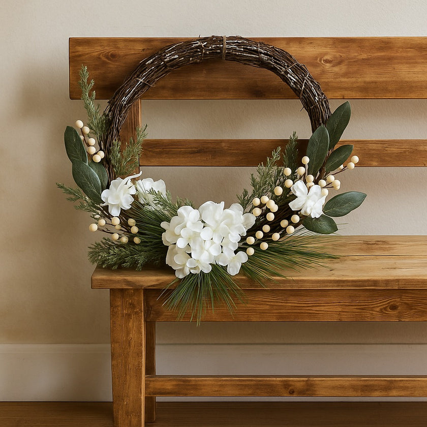 Coroniță Advent rustică cu flori albe și frunze verzi sprijinită pe o bancă rustica, de lemn