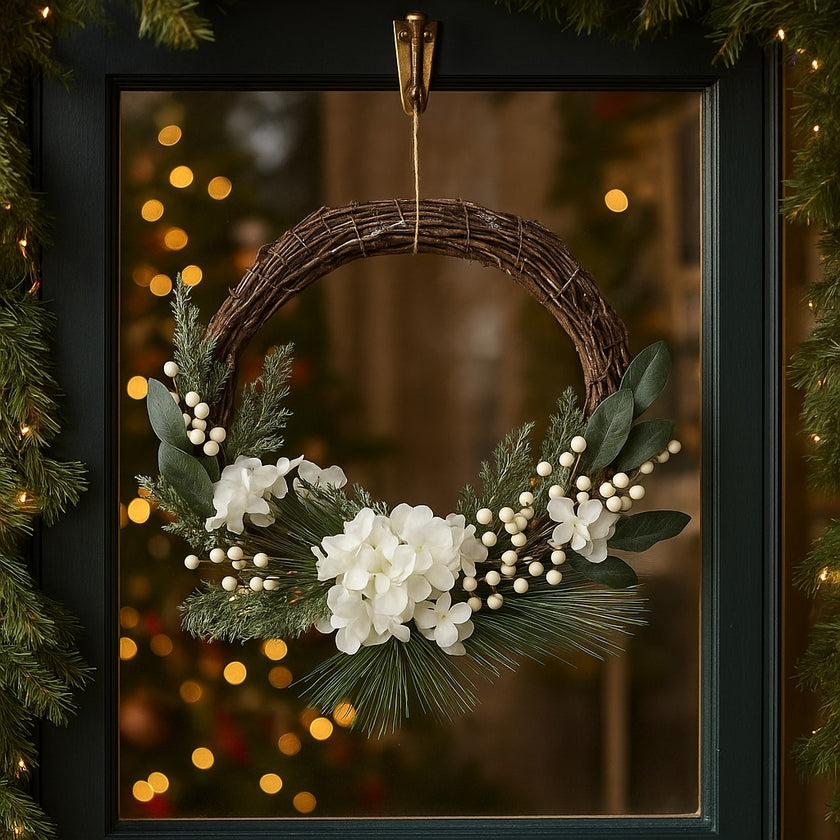 Coroniță Advent rustică cu flori albe și frunze verzi agățată de un geam, decorat de Crăciun