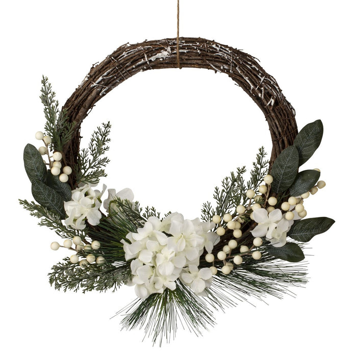 Coroniță Advent rustică cu flori albe și frunze verzi