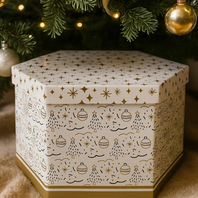 Cutie de prezentare pentru set de globuri, așezată sub un brad de Crăciun