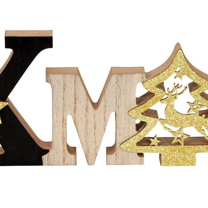 Decorațiune de Crăciun XMAS din lemn cu brad auriu și ren 