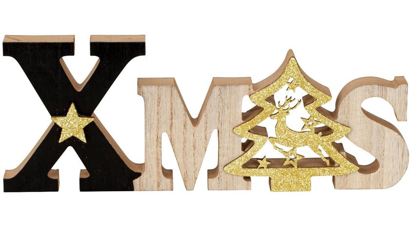 Decorațiune de Crăciun XMAS din lemn cu brad auriu și ren 