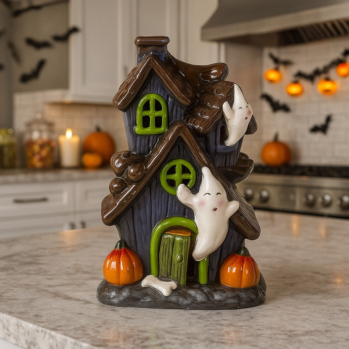 Decorațiune de Halloween în formă de casă bântuită cu fantome, dovleci și lumină led, așezată pe un blat alb de bucătărie, decorată de Halloween