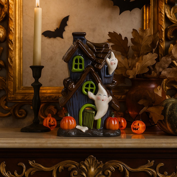 Decorațiune de Halloween în formă de casă bântuită cu fantome, dovleci și lumină led, așezată pe un bufet cu blat de marmură, decorat de Halloween