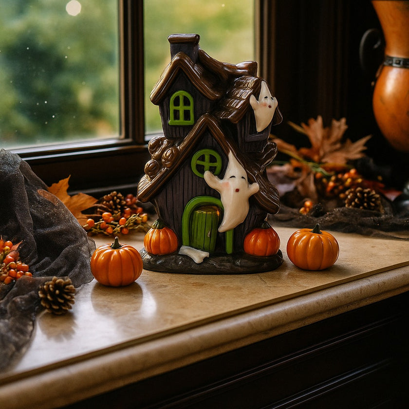 Decorațiune de Halloween în formă de casă bântuită cu fantome, dovleci și lumină led, așezată pe un pervaz de marmură, decorat de Halloween