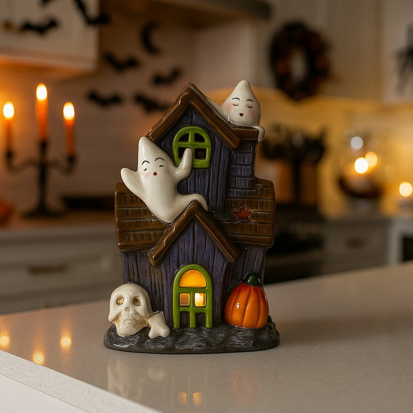 Decorațiune de Halloween în formă de casă bântuită cu fantome și lumină led, așezată pe blat alb de bucătărie, decorată de Halloween