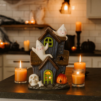 Decorațiune de Halloween în formă de casă bântuită cu fantome și lumină led, așezată pe un blat negru de bucătărie, decorată de Halloween