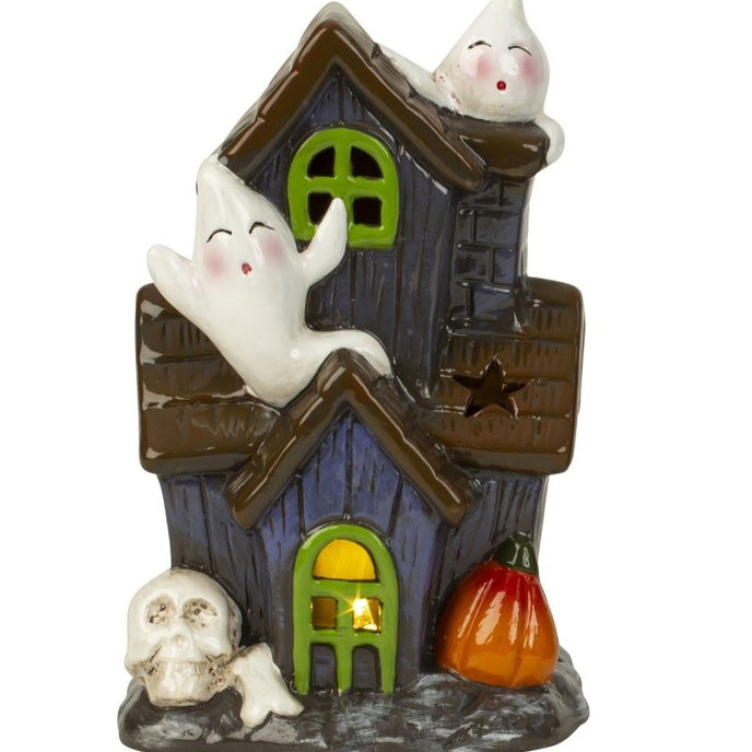 Decorațiune de Halloween în formă de casă bântuită cu fantome și lumină led