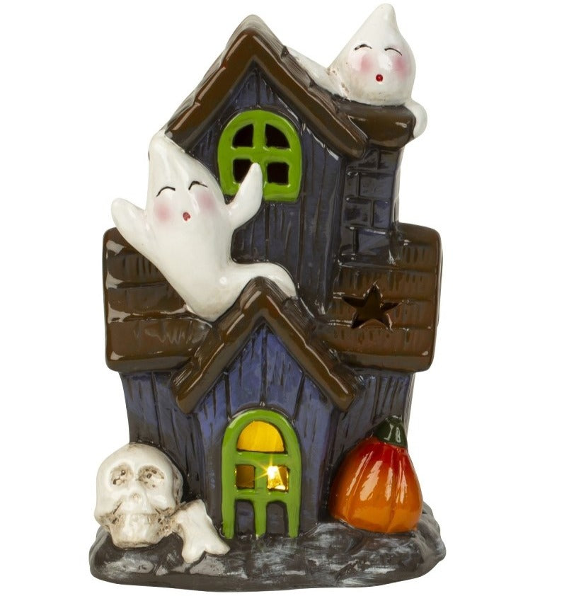 Decorațiune de Halloween în formă de casă bântuită cu fantome și lumină led