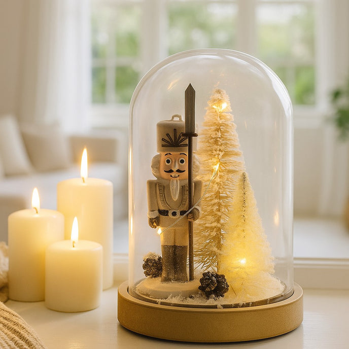 Decorațiune spărgător de nuci în clopot de sticlă cu lumini led așezată pe o etajeră albă, lângă 3 lumânări aprinse