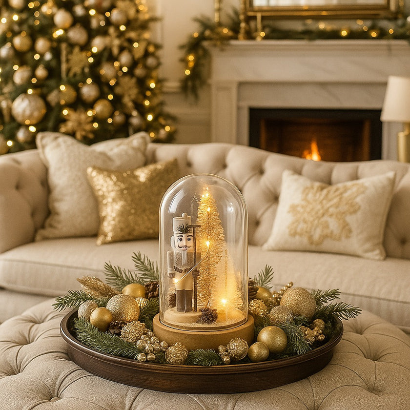 Decorațiune spărgător de nuci în clopot de sticlă cu lumini led așezată pe o tavă de lemn, decorată de Crăciun. Tava este pusă pe un otoman