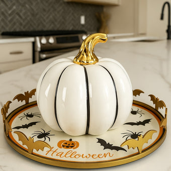 Dovleac decorativ alb cu codiță aurie pentru toamnă așezat pe o tavă aurie cu motive de Halloween. Tava este așezată pe un blat alb in bucătărie