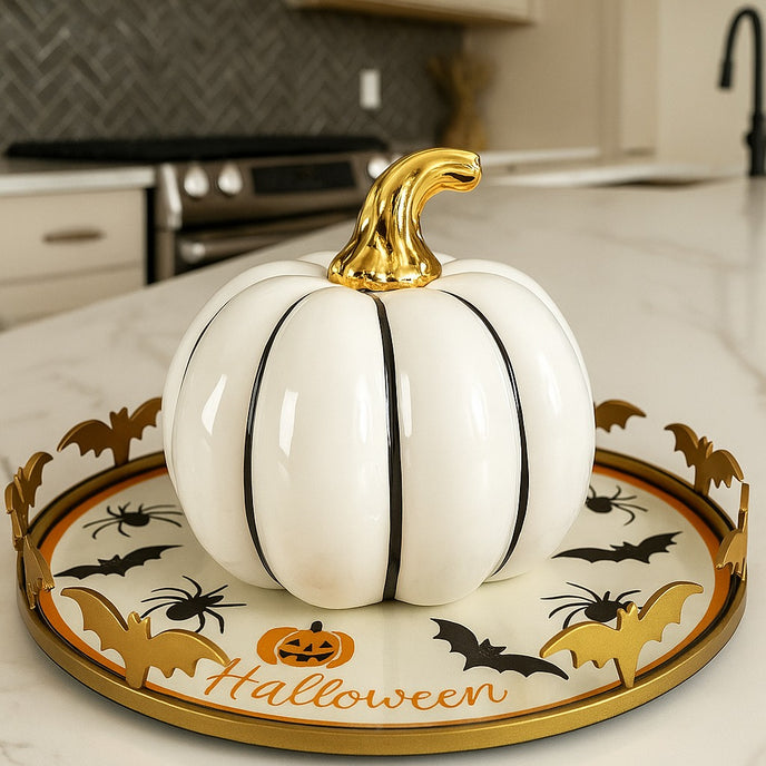 Dovleac decorativ alb cu codiță aurie pentru toamnă așezat pe o tavă aurie cu motive de Halloween. Tava este așezată pe un blat alb in bucătărie
