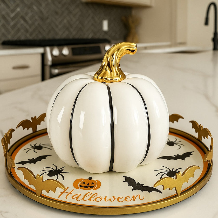 Dovleac decorativ alb cu codiță aurie pentru toamnă așezat pe o tavă aurie cu motive de Halloween. Tava este așezată pe un blat alb in bucătărie