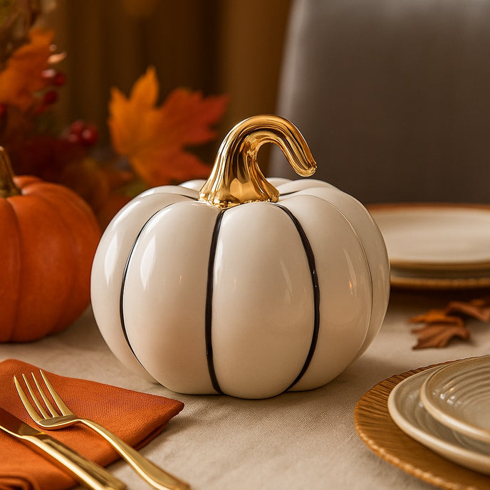 Dovleac decorativ alb cu codiță aurie pentru toamnă așezat pe o masa festivă de toamnă