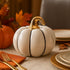 Dovleac decorativ alb cu codiță aurie pentru toamnă așezat pe o masa festivă de toamnă