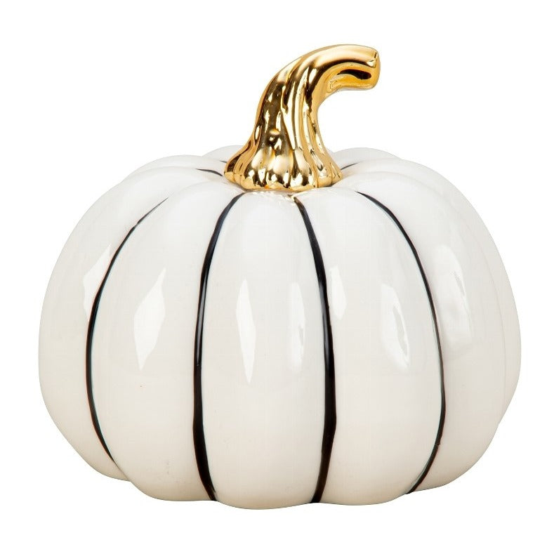 Dovleac decorativ alb cu dungi negre și codiță aurie, pentru toamnă
