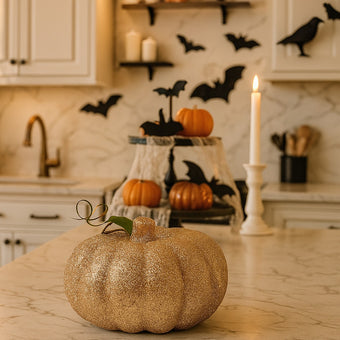 Dovleac decorativ auriu cu sclipici așezat pe un blat de bucătărie, alb cu gri, decorată de Halloween