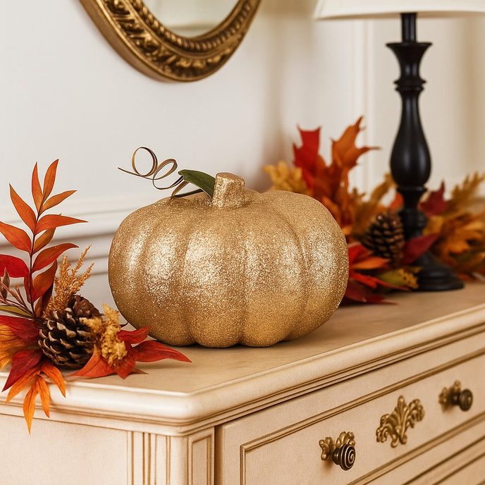 Dovleac decorativ auriu cu sclipici așezat pe un bufet bej cu auriu, decorat de toamnă