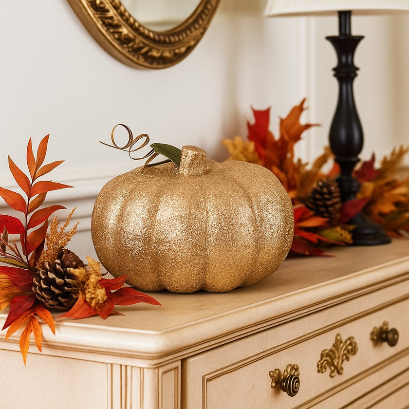 Dovleac decorativ auriu cu sclipici așezat pe un bufet bej cu auriu, decorat de toamnă