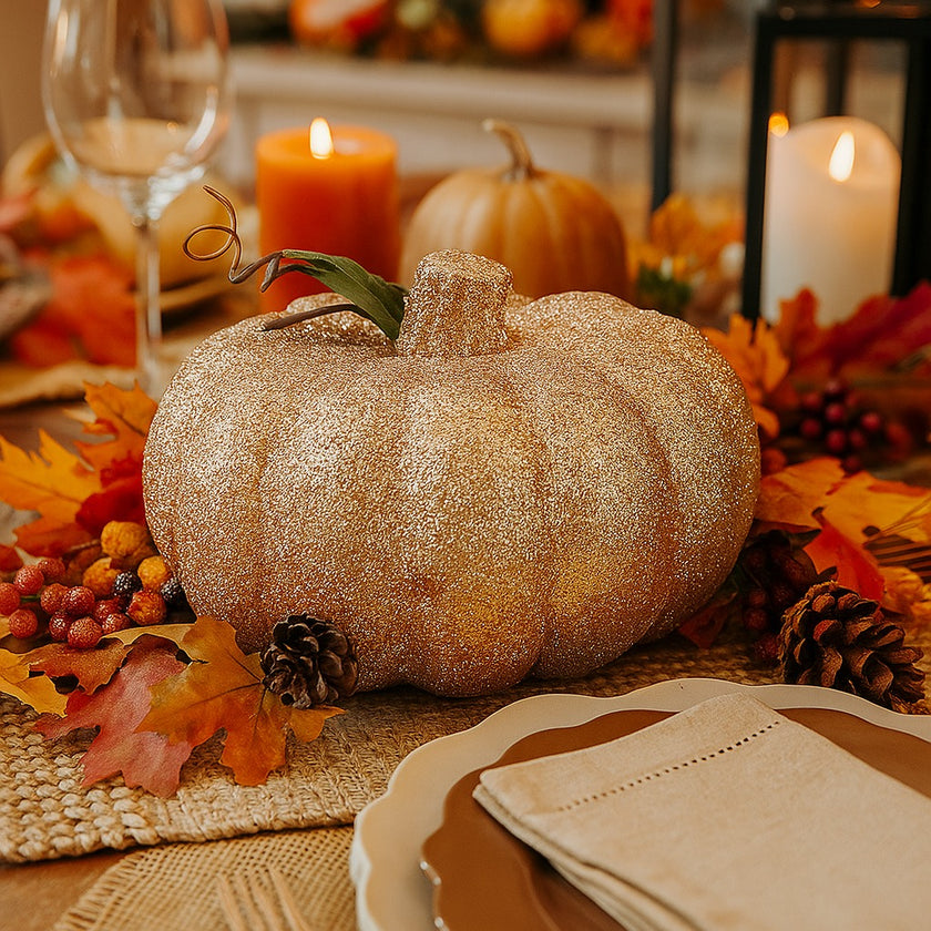 Dovleac decorativ auriu cu sclipici așezat pe o masă festivă, decorată de toamnă
