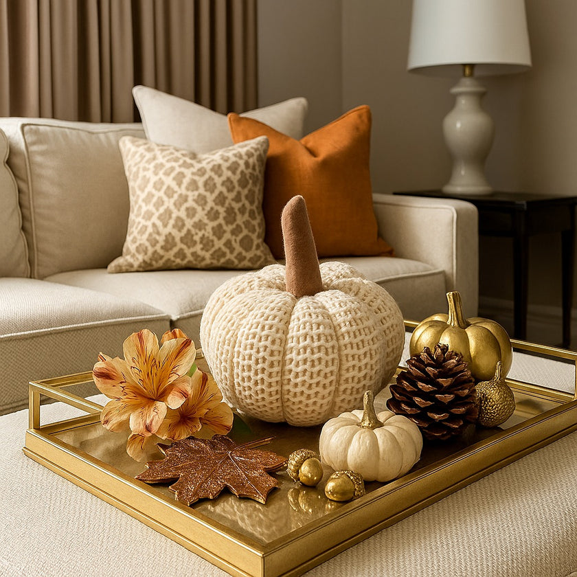 Dovleac decorativ din material textile, croșetat, de culoare bej, așezat pe o tavă aurie, decorată de toamnă