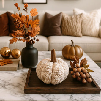 Dovleac decorativ din material textile, croșetat, de culoare bej, așezat pe o tavă din lemn, decorată de toamnă