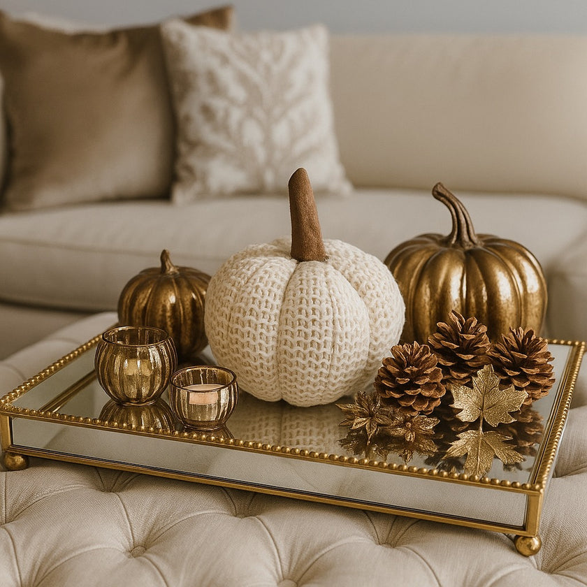 Dovleac decorativ din material textile, croșetat, de culoare bej, așezat pe o tavă din sticlă, decorată de toamnă