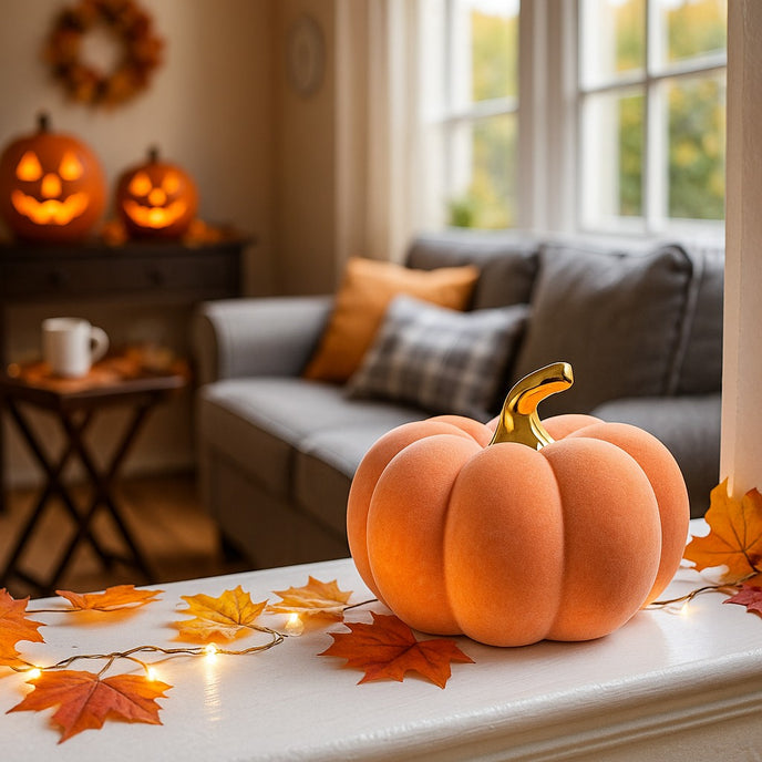 Dovleac decorativ din catifea, portocaliu cu auriu, așezat pe un pervaz din lemn, alb, decorat de toamnă