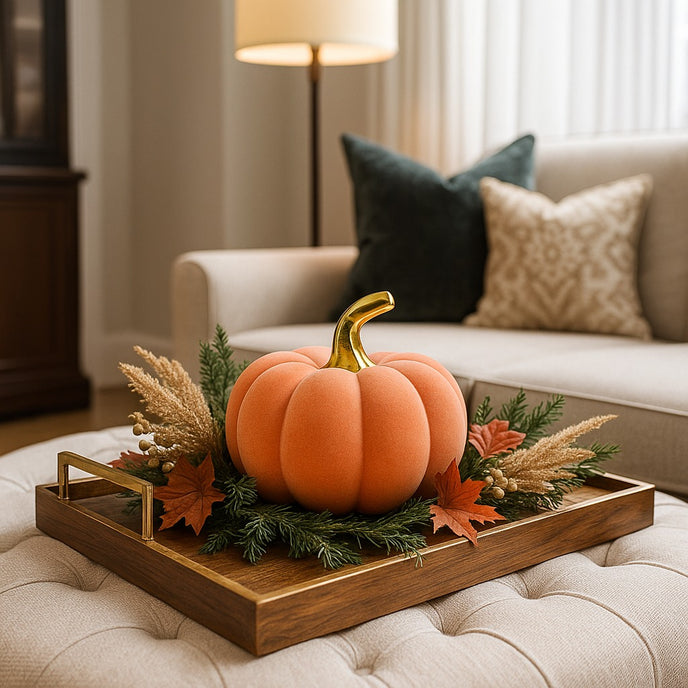 Dovleac decorativ din catifea, portocaliu cu auriu, așezat pe o tavă maro, din lemn. decorată de toamnă. Tava este p eun taburete tip otoman