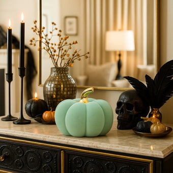 Dovleac decorativ din catifea, verde cu auriu, așezat pe un bufet luxos cu lat de marmură, decorat de Halloween