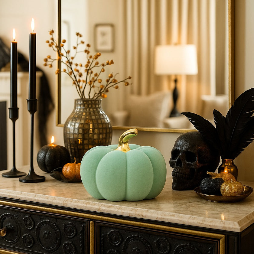 Dovleac decorativ din catifea, verde cu auriu, așezat pe un bufet luxos cu lat de marmură, decorat de Halloween