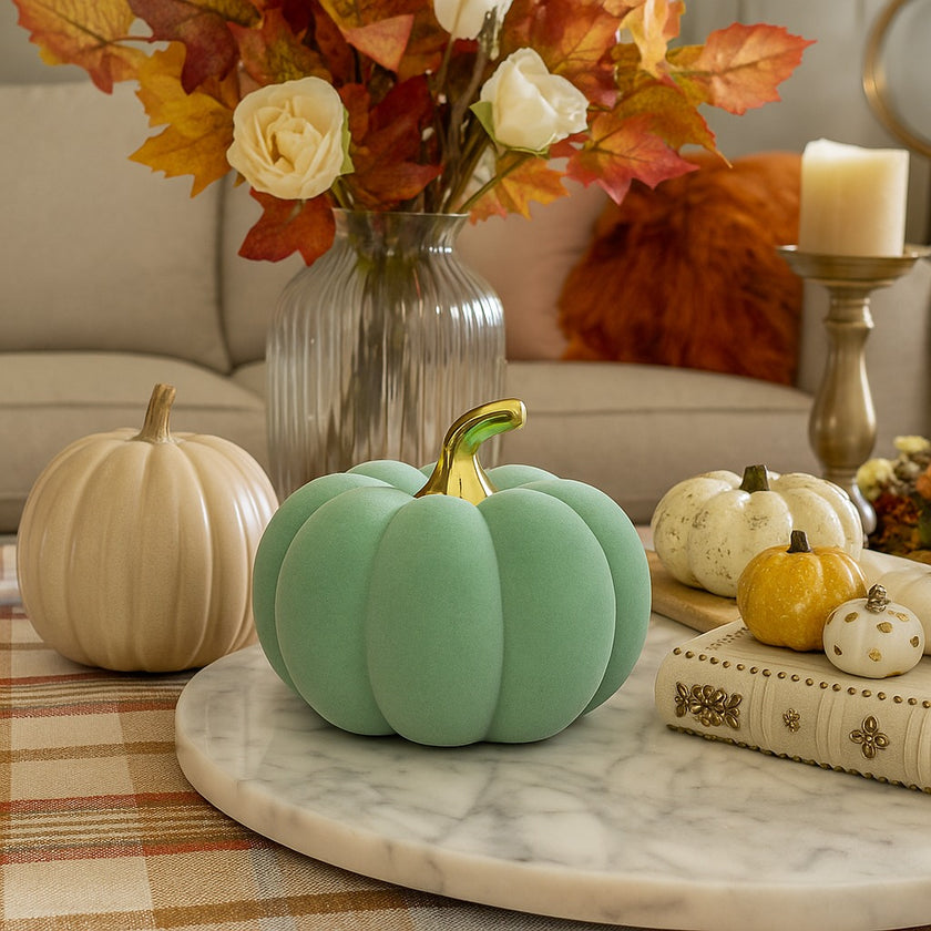 Dovleac decorativ din catifea, verde cu auriu, așezat pe masă cu blat de marmură, decorată de toamnă