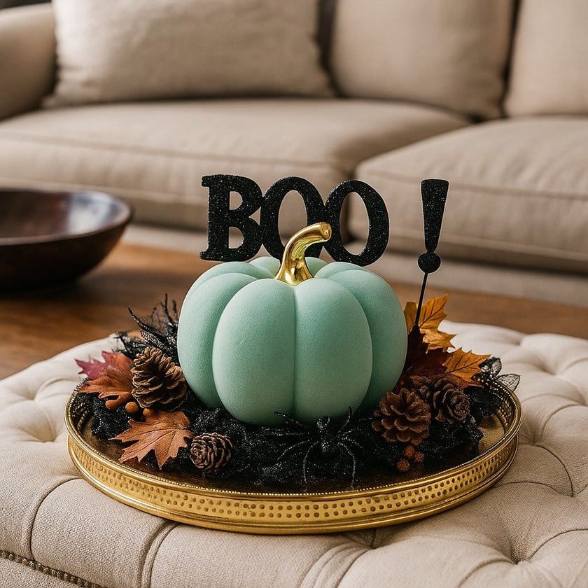 Dovleac decorativ din catifea, verde cu auriu, așezat pe o tavă aurie, decorată de Halloween. Tava este pe un taburete textil