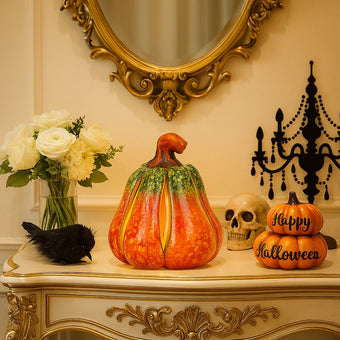 Dovleac decorativ ceramic, de culoare portocaliu și verde cu lumina led, așezat pe un bufet din lemn bej cu auriu, decorat de Halloween