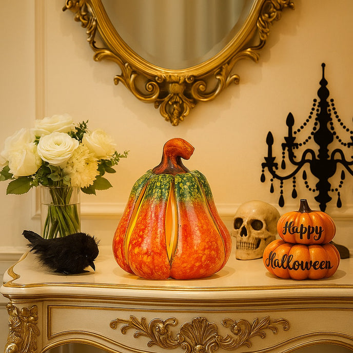 Dovleac decorativ ceramic, de culoare portocaliu și verde cu lumina led, așezat pe un bufet din lemn bej cu auriu, decorat de Halloween