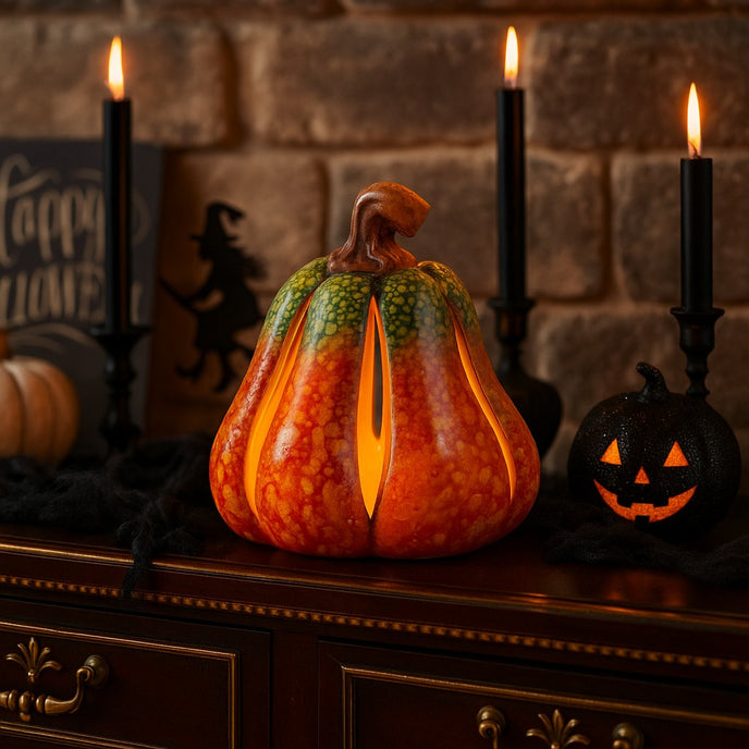 Dovleac decorativ ceramic, de culoare portocaliu și verde cu lumina led, așezat pe un bufet luxos din lemn, decorat de Halloween