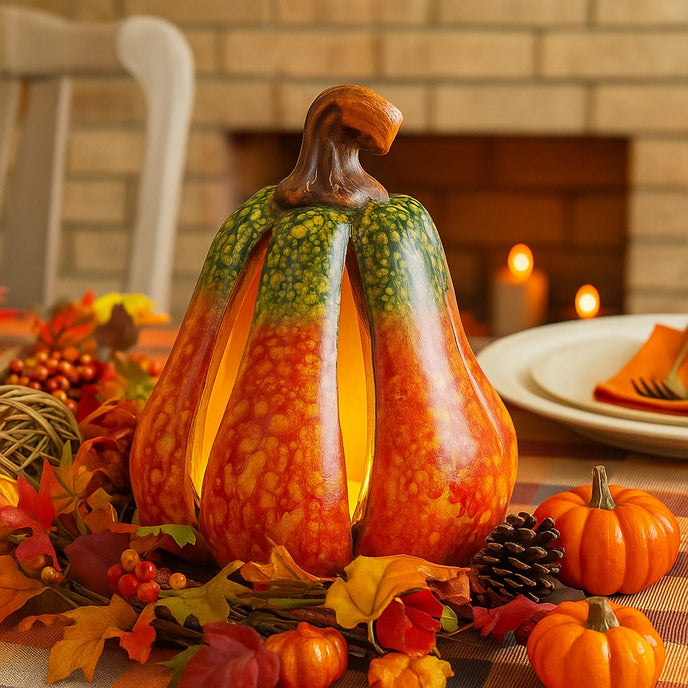 Dovleac decorativ ceramic, de culoare portocaliu și verde cu lumina led, așezat pe o masa decorată de toamnă