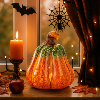 Dovleac decorativ ceramic, de culoare portocaliu și verde cu lumina led, așezat pe un pervaz de piatră, decorat de Halloween